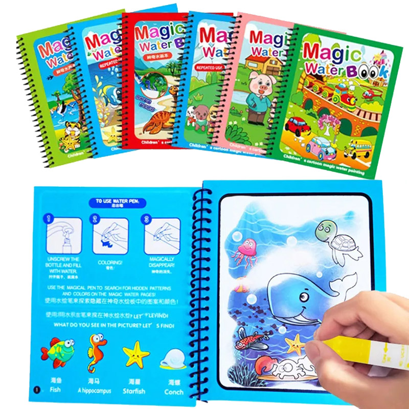 Reusable Water Magic Coloring Book - Libro de colorear reutilizable Montessori para
